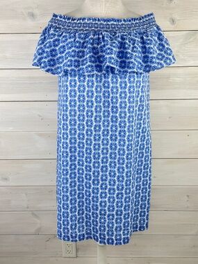 Vineyard Vines Blue Ruffle Elastic Shoulder Sleeveless Dress